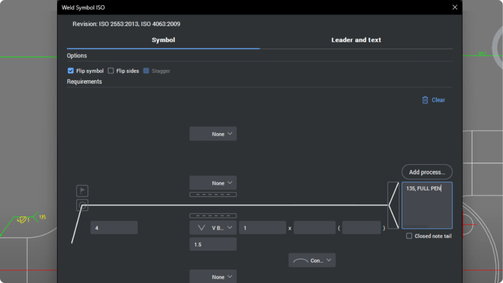 Finestra di dialogo simboli di saldatura